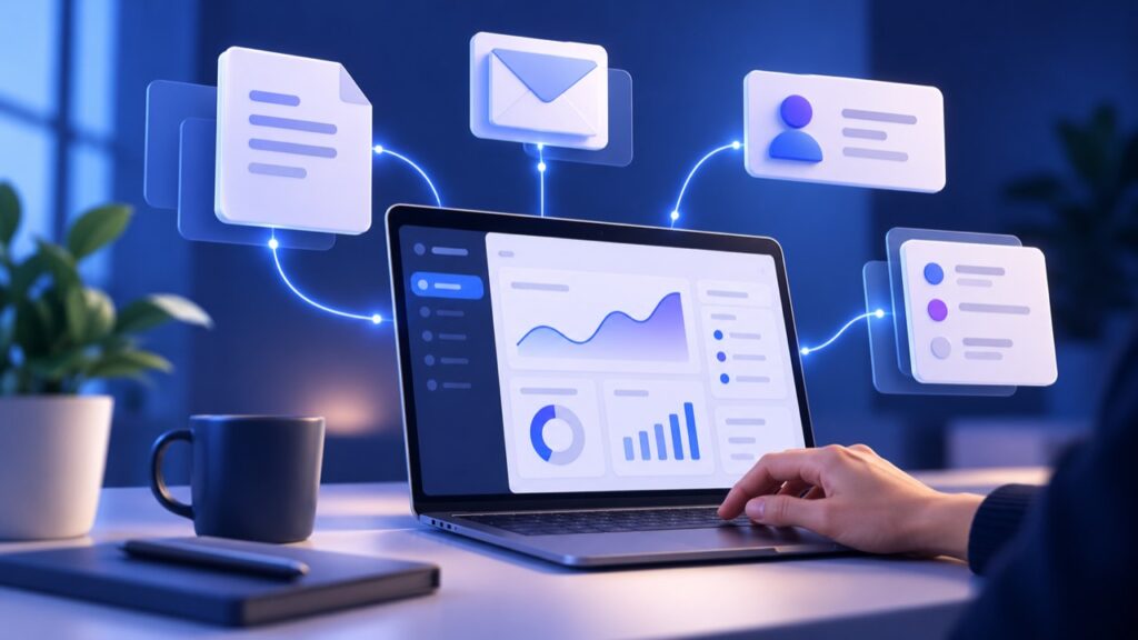 Illustration d’un tableau de bord relié à des documents, messages et contacts pour automatiser un flux de travail